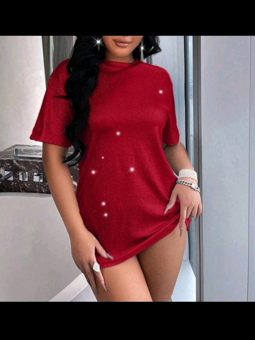 Shimmer Short Sleeve Tunic Tee - Red